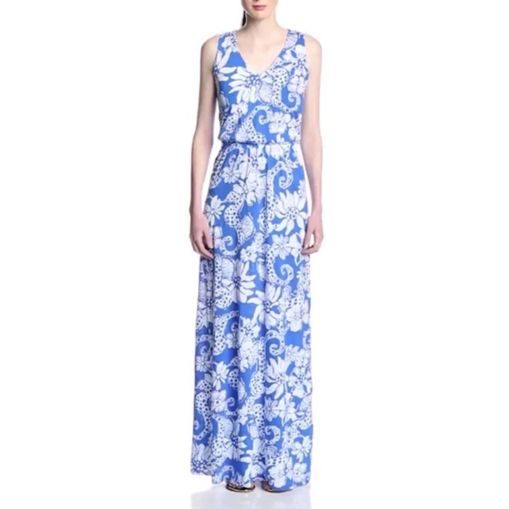 Lilly Pulitzer Cotton Maxi Blue White Seahorse Vaccation Beach Dress Womens XS